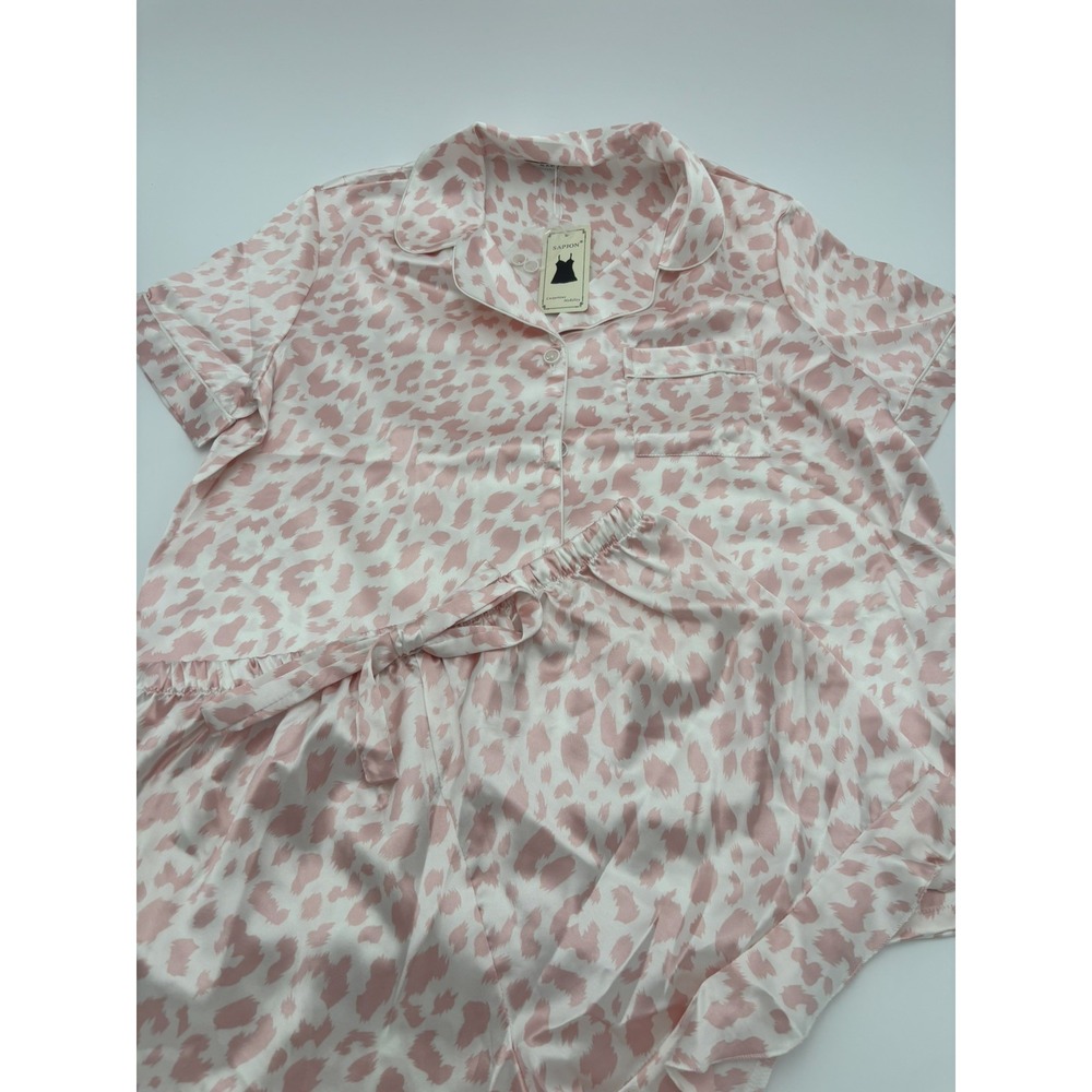 Sapjon Women 2 piece Satin Silk PJs Set Small Pink Cheetah Print